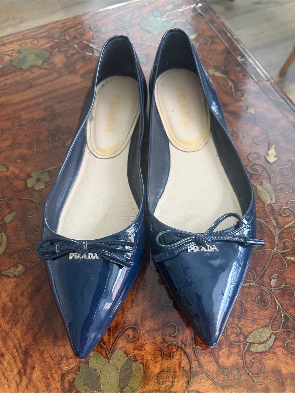 Prada Navy Patent Pointed-Toe Ballet Flats with Bow